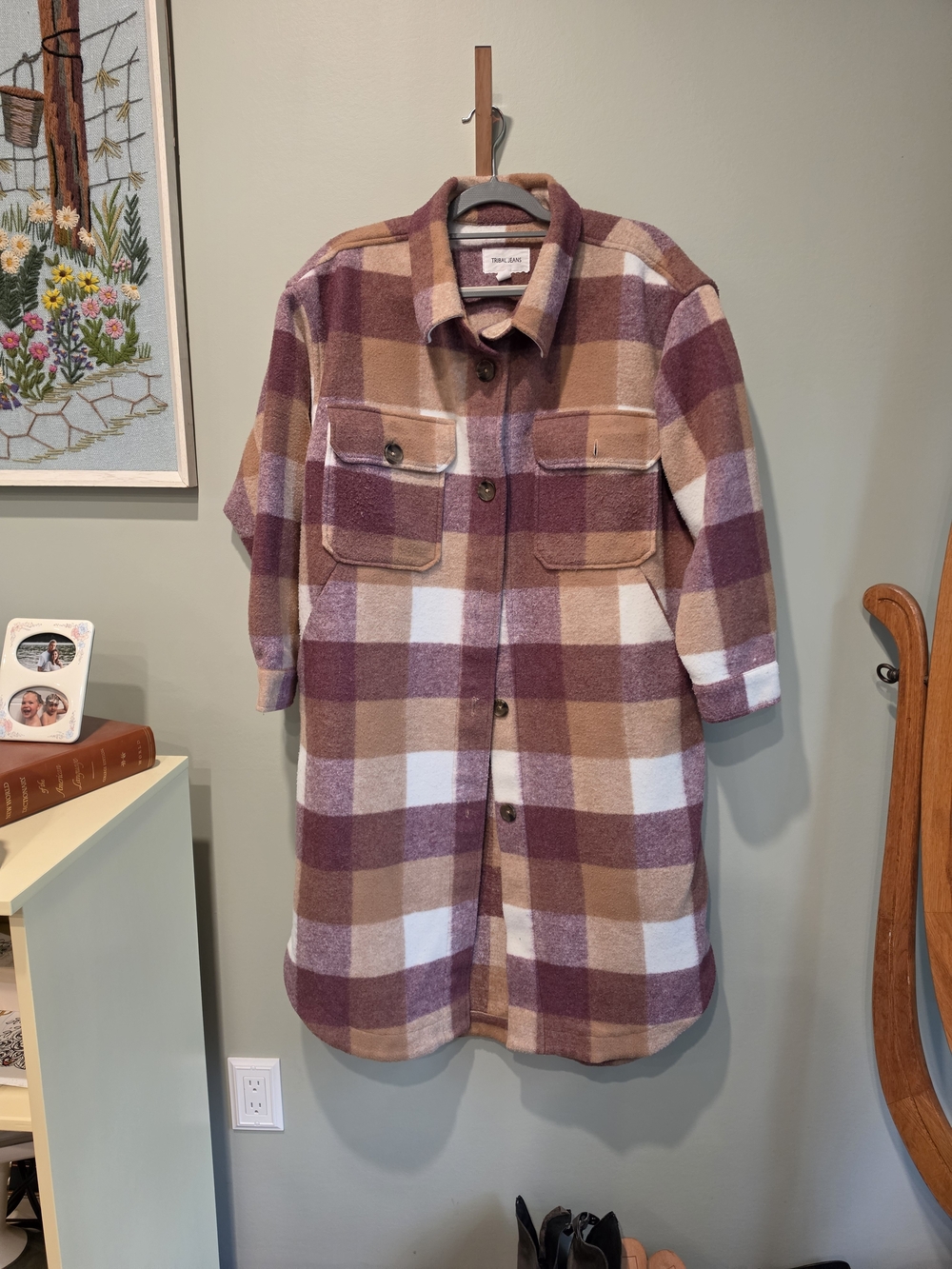 Tribal Plaid Long Shacket in Mauve, Tan & White